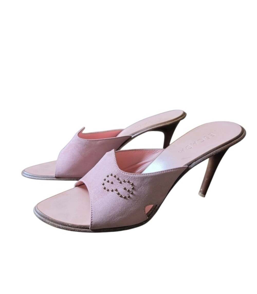 Escada Pink Suede Mule Heels Size 38 Made in Italy Studded Logo Stiletto Y2K